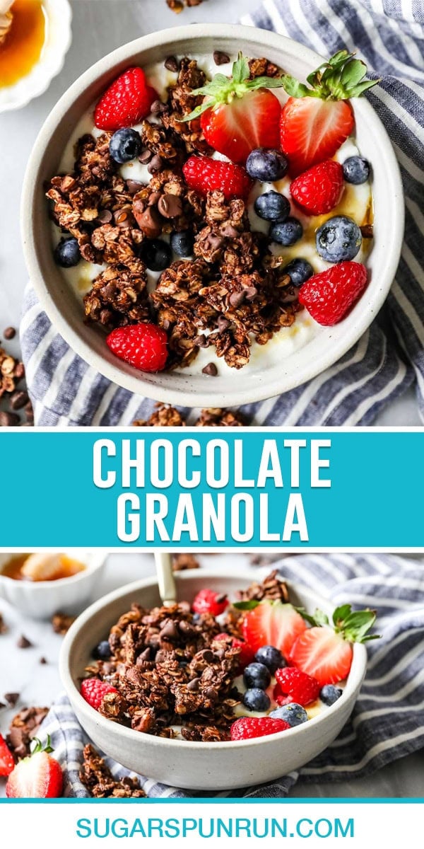 collage of chocolate granola, top image of bowl full of yogurt berries and chocolate granola photographed from above, bottom image same bowl photographed from side