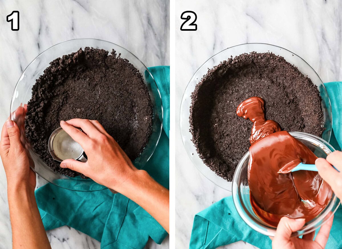Two photos showing a chocolate cookie crust being prepared and topped with chocolate ganache.