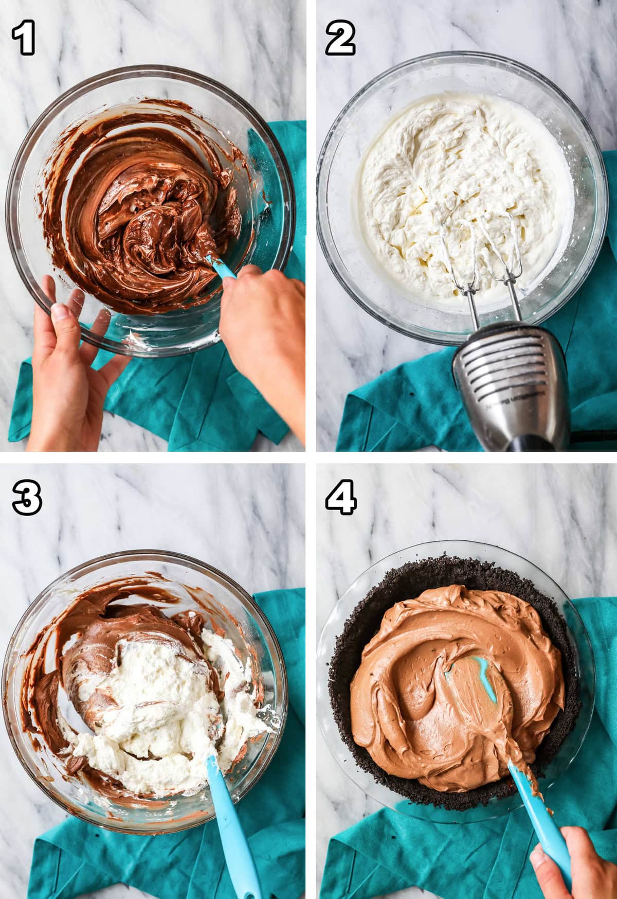 Four photos showing a creamy, chocolate based pie filling being prepared and spread into a chocolate cookie crust.