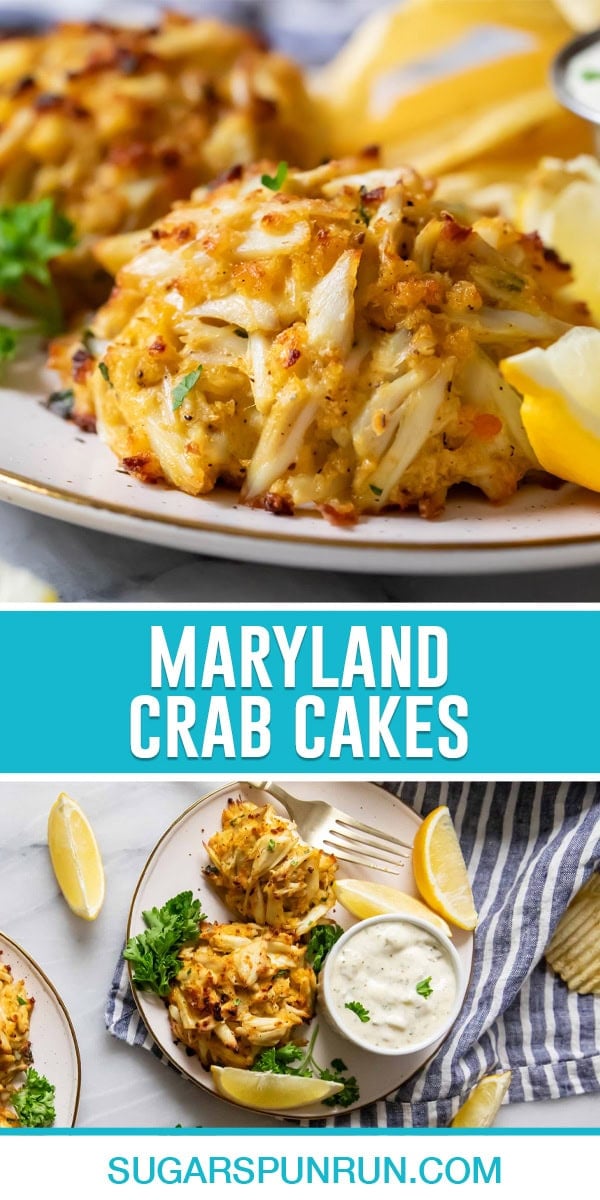 collage of maryland crab cakes, top image of single crab cake close up, bottom image of two images photographed from above