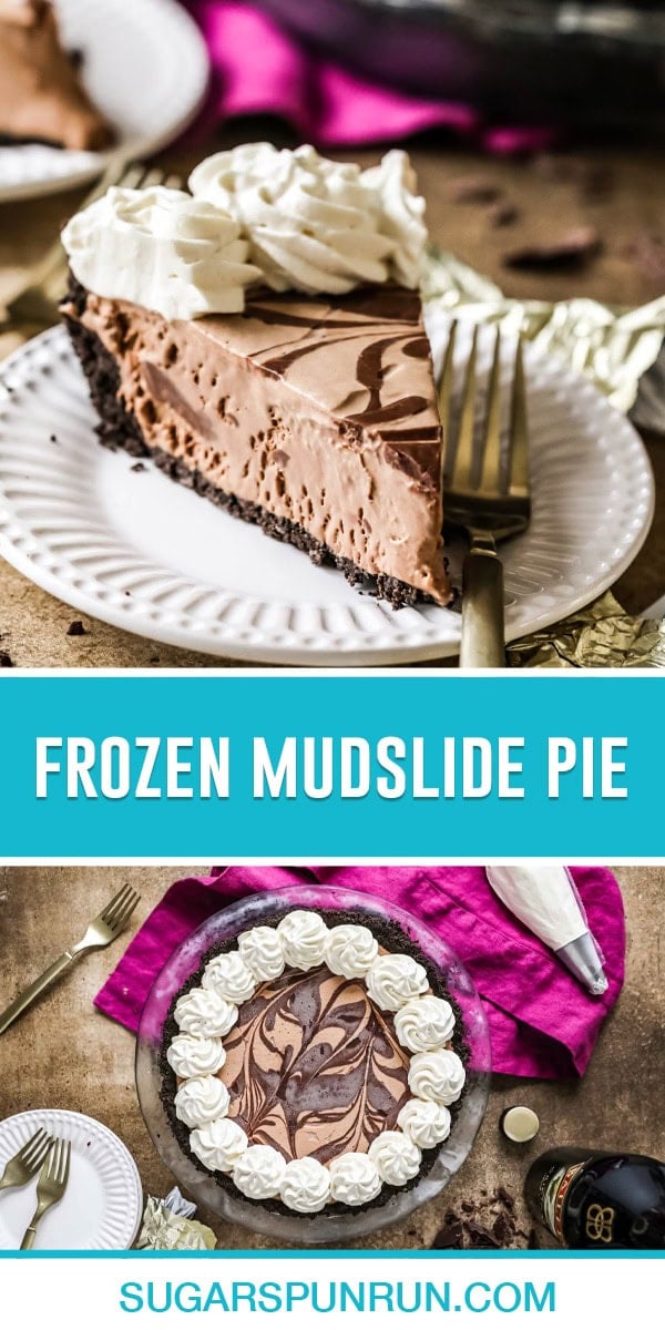 collage of frozen mudslide pie, top image of single slice of pie on white plate, bottom image of full pie photographed from above