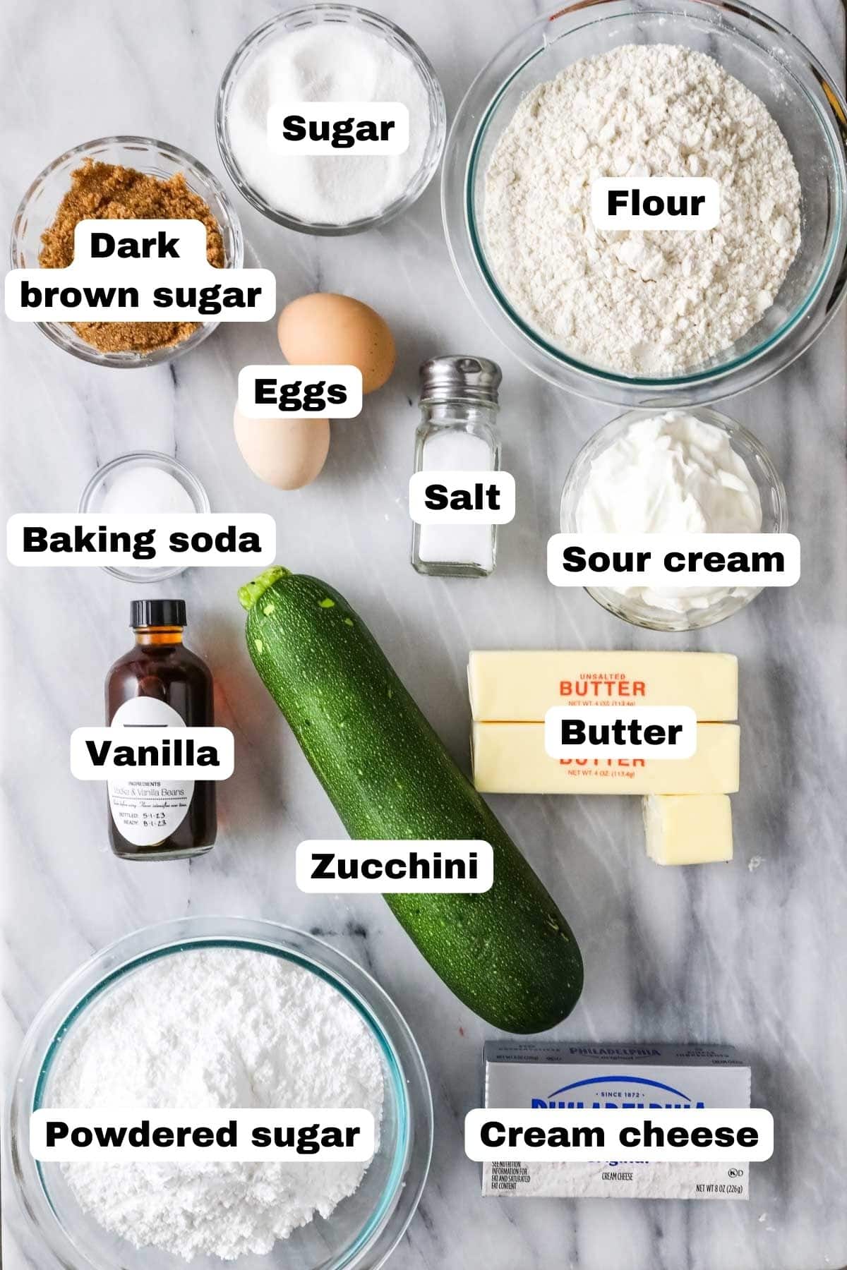 Overhead view of labeled ingredients including zucchini, brown sugar, cream cheese, and more.