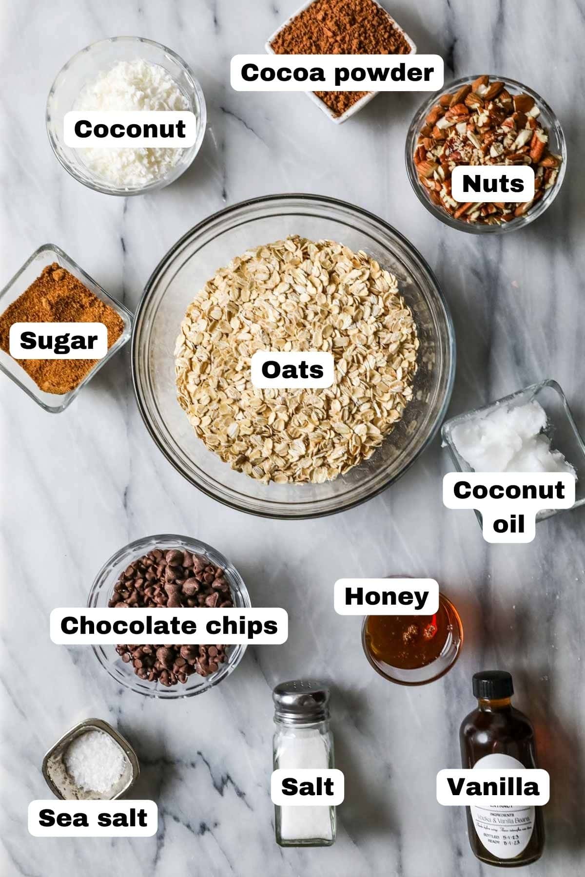 Overhead view of labeled ingredients including oats, cocoa powder, nuts, and more.