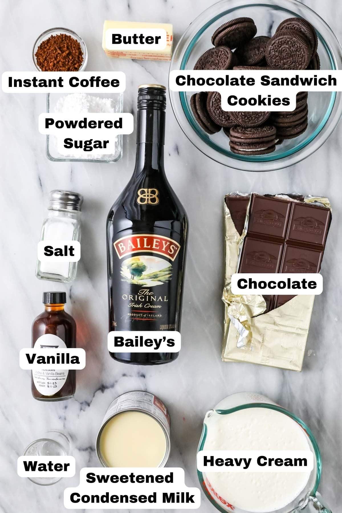 Overhead view of labeled ingredients including Bailey's, chocolate, Oreos, and more.