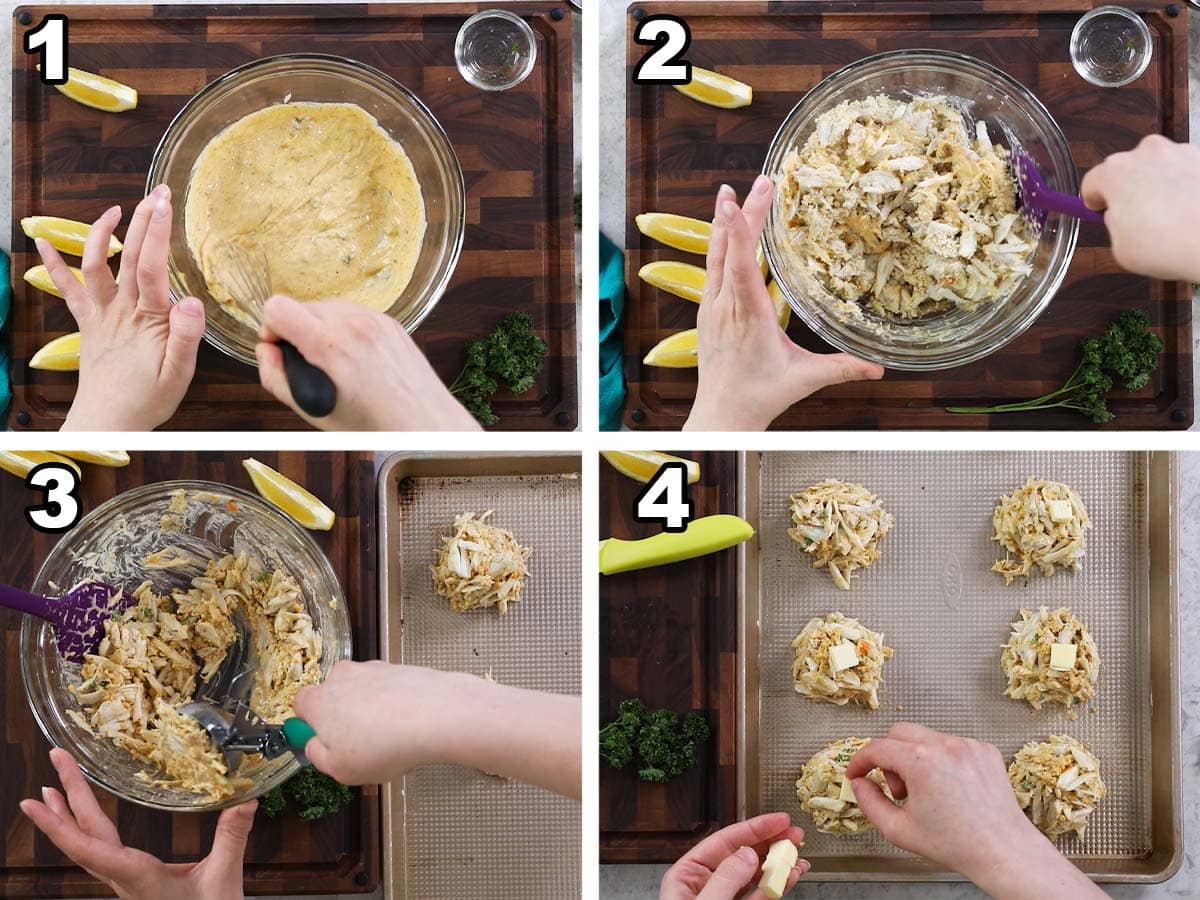 Four photos showing crab cakes being formed and placed on a baking sheet.