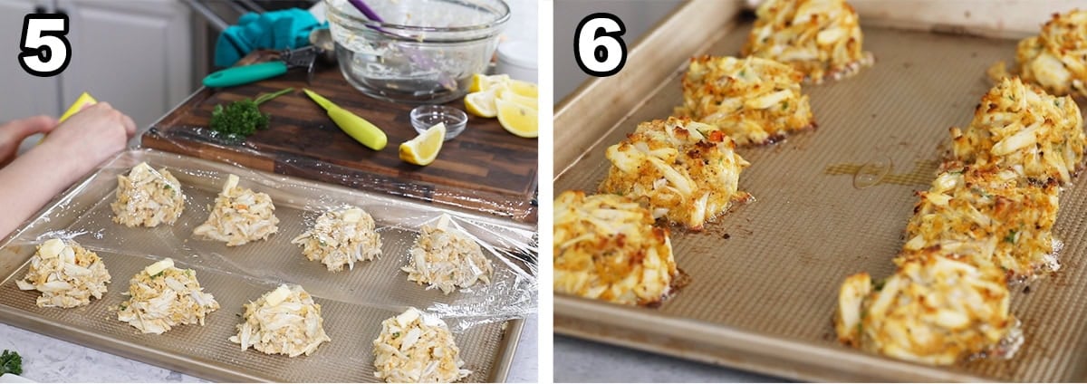 Two photos showing crab cakes before and after baking.