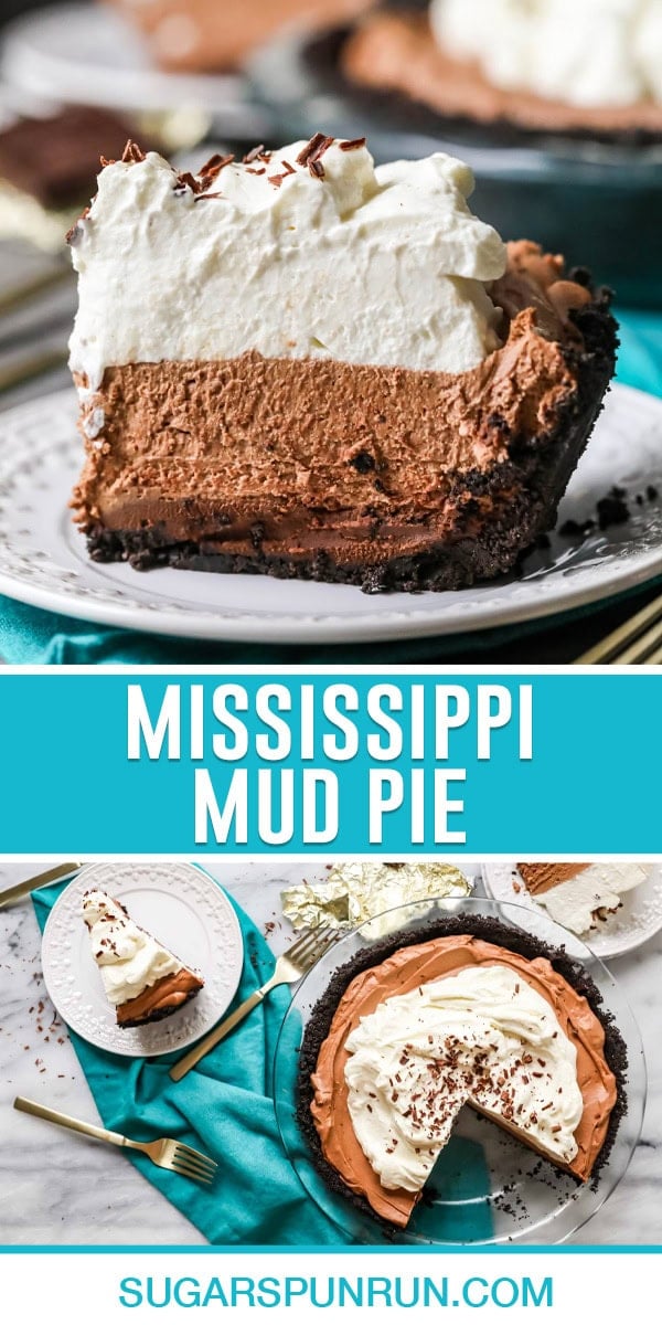 collage of Mississippi Mud Pie, top image of single slice photographed from the side close up, bottom image of full pie with slice removed photographed from above