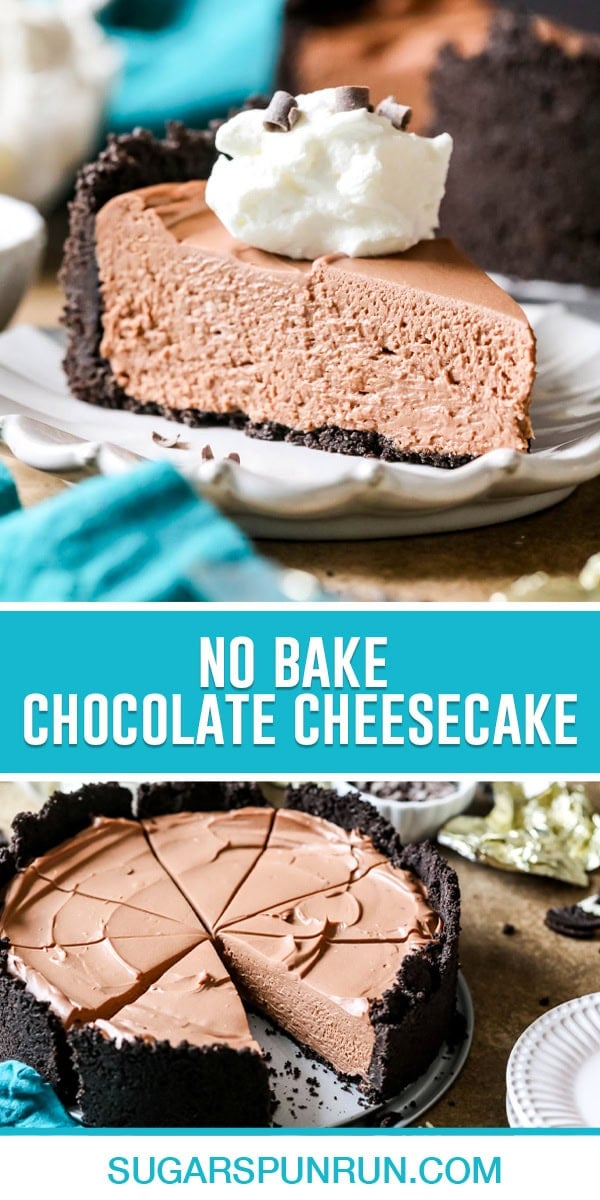 collage of no bake chocolate cheesecake, top image of single slice, bottom image of full cheesecake slice missing