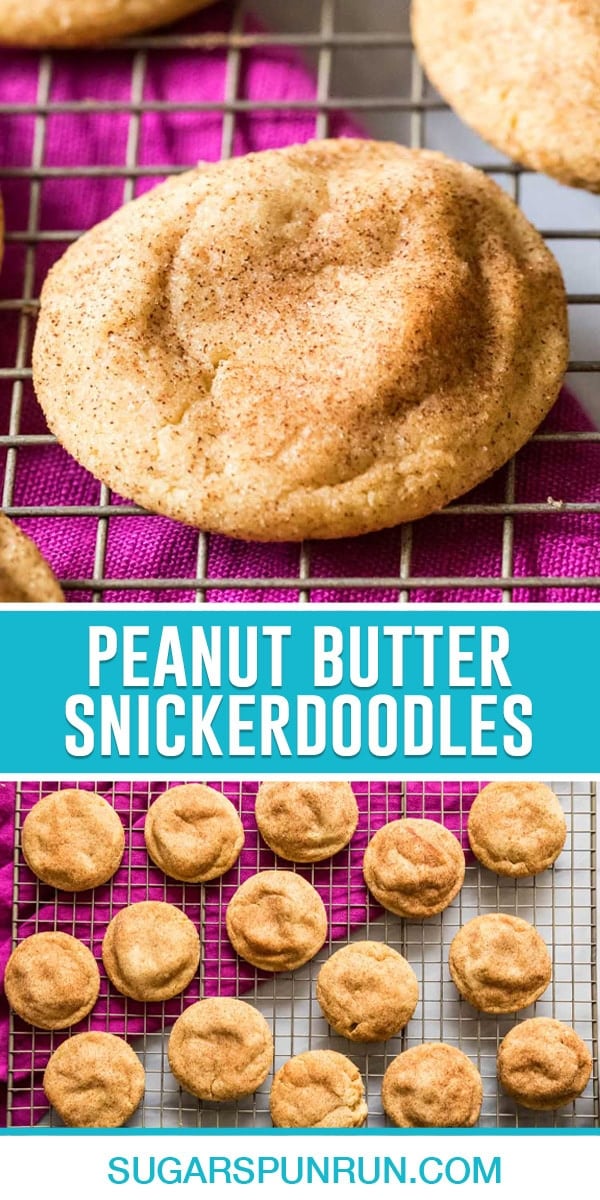 collage of peanut butter snickerdoodles, top image of single cookie close up, bottom image of multiple cookies on cooling rack photographed from above