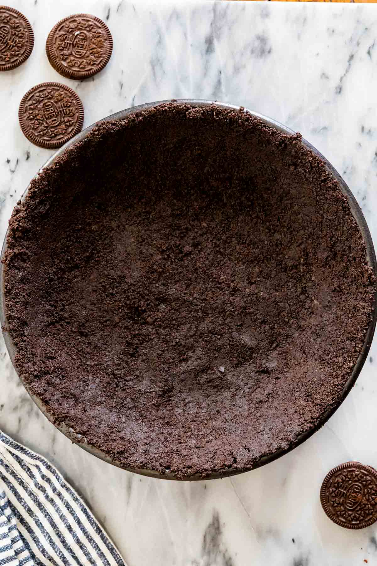 Overhead view of an Oreo pie crust.