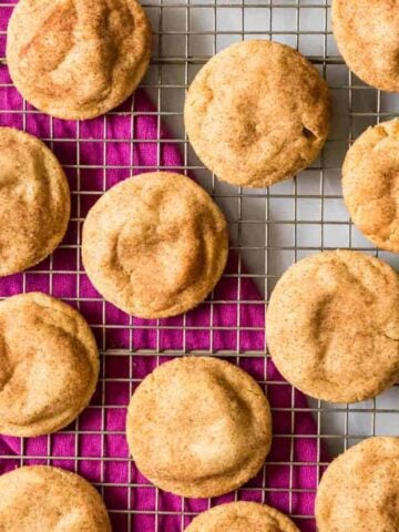 Overhead of peanut butter snickerdoodles on cooling rack