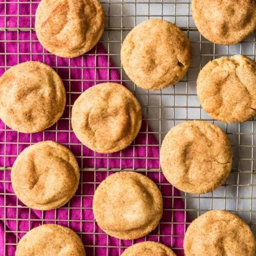 Overhead of peanut butter snickerdoodles on cooling rack