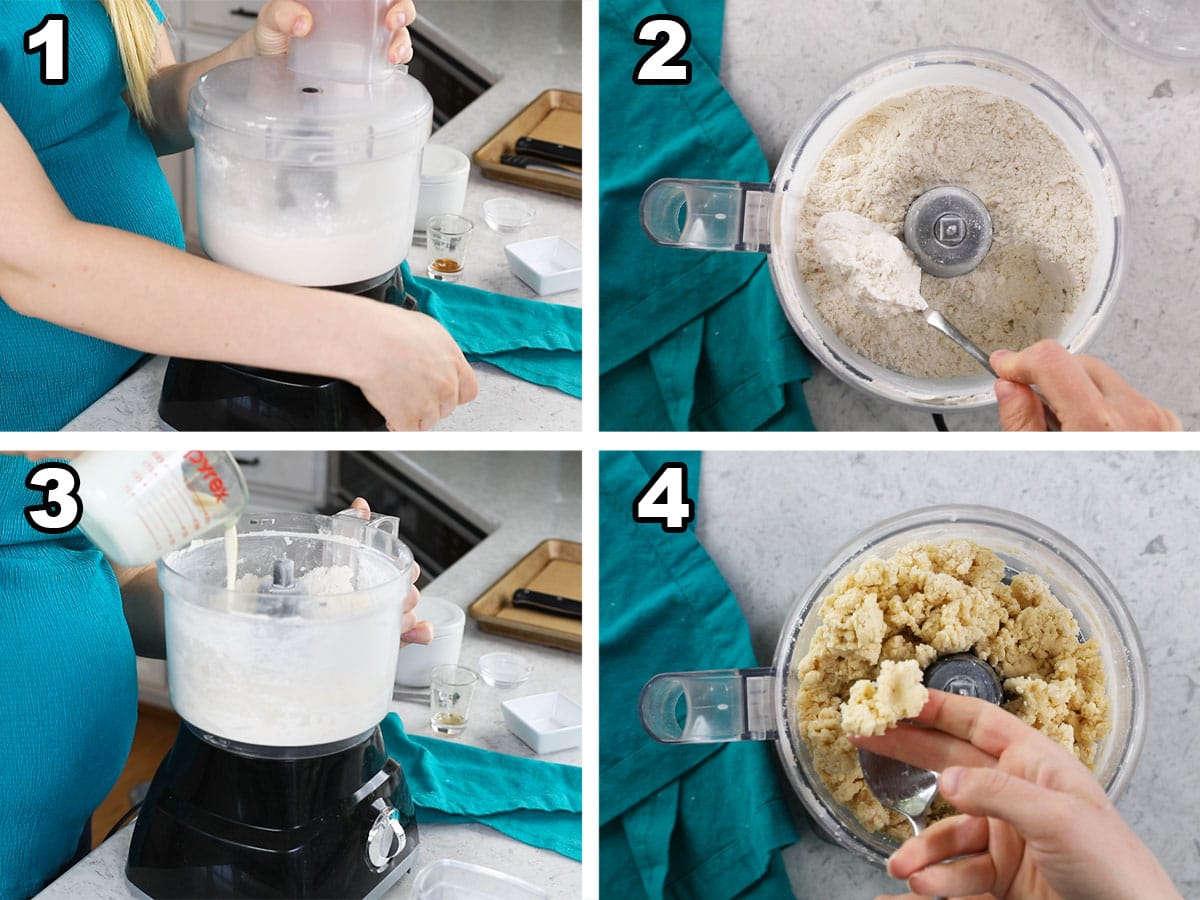 Four photo collage showing scone dough being prepared in a food processor.