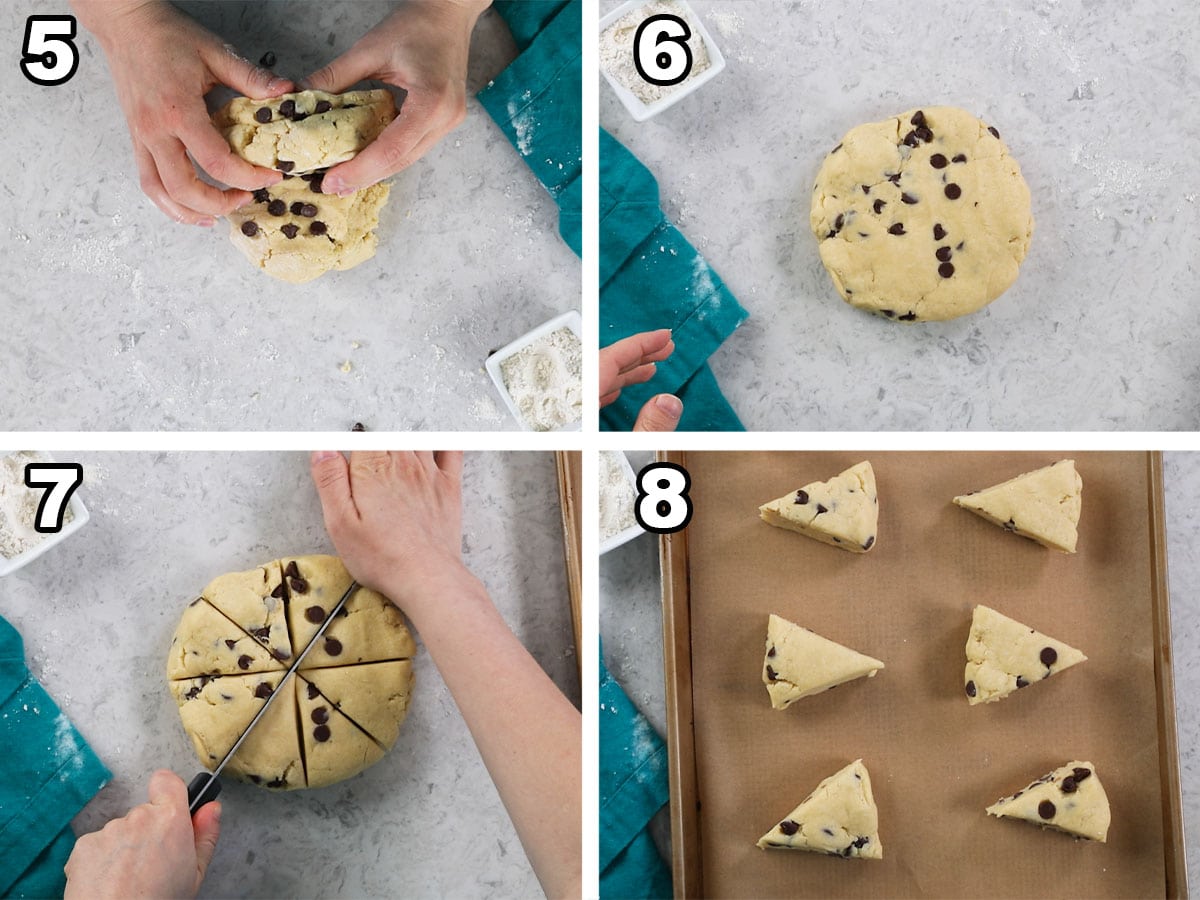 Four photo collage showing chocolate chips being worked into scone dough before it is formed into a disc, cut into wedges, and baked.