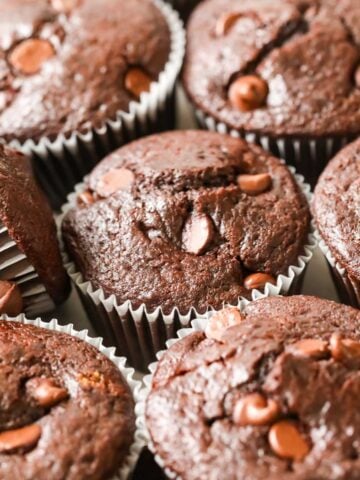 Close-up view of chocolate sourdough muffins topped with chocolate chips.