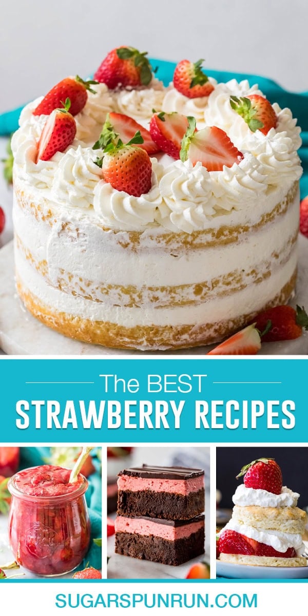 collage of strawberry recipes, multiple images of strawberry recipes that can be found on the blog