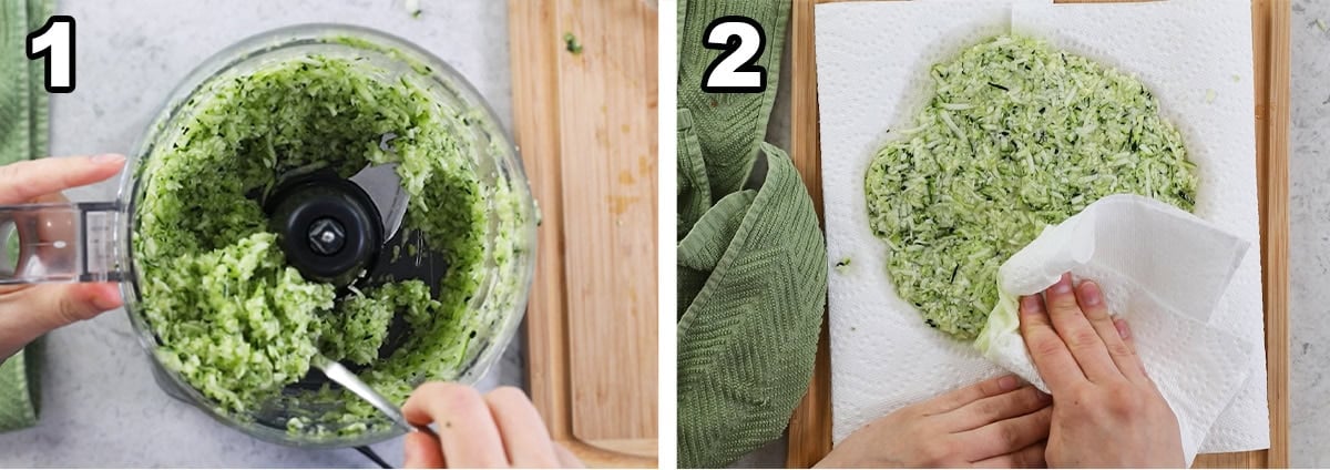 Two photos showing shredded zucchini being prepped for cake.