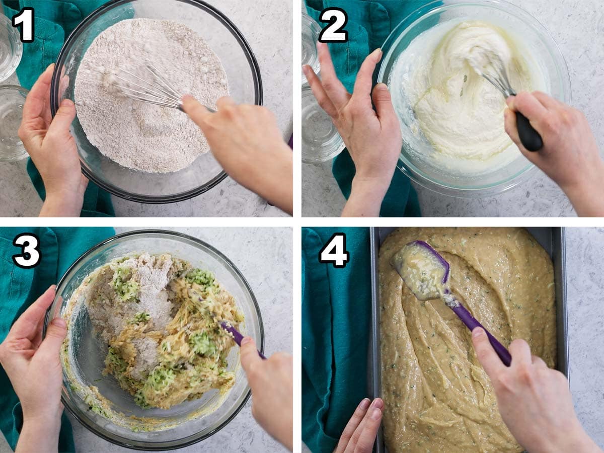 Four photos showing cake batter being combined with shredded zucchini and spread into a cake pan.