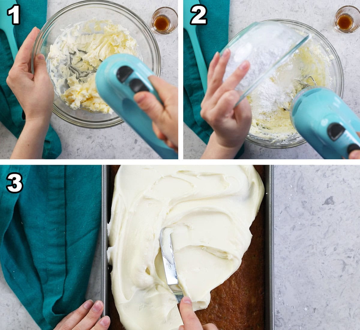 Three photos showing cream cheese frosting being prepared and spread over a sheet cake.