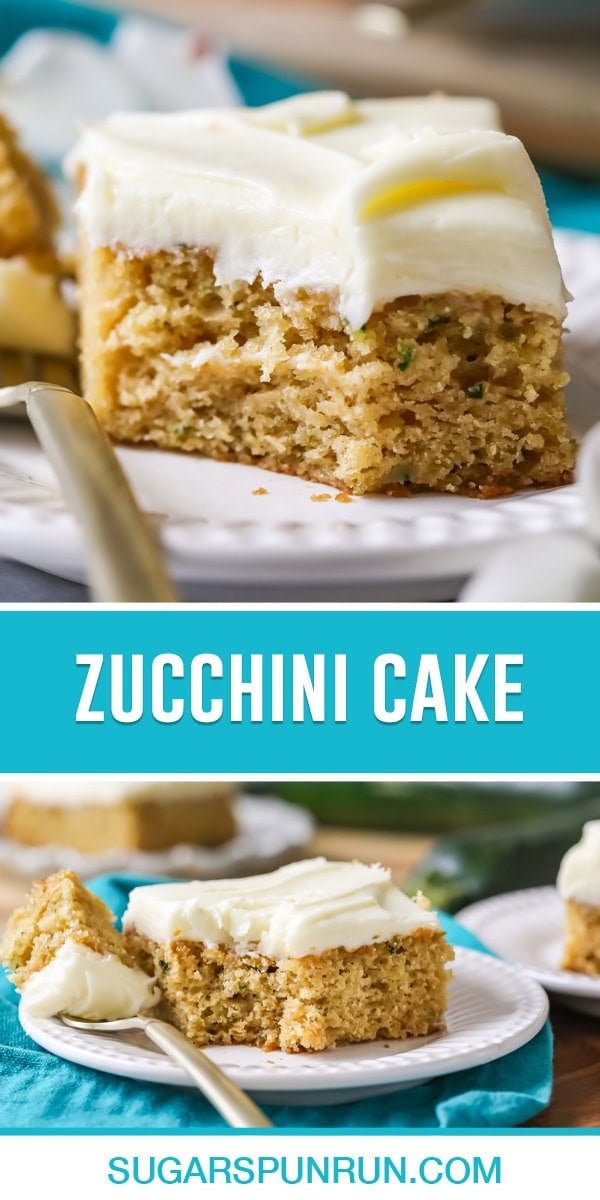 collage of zucchini cake, top image of single slice with bite taken out, bottom image same slice photographed further away