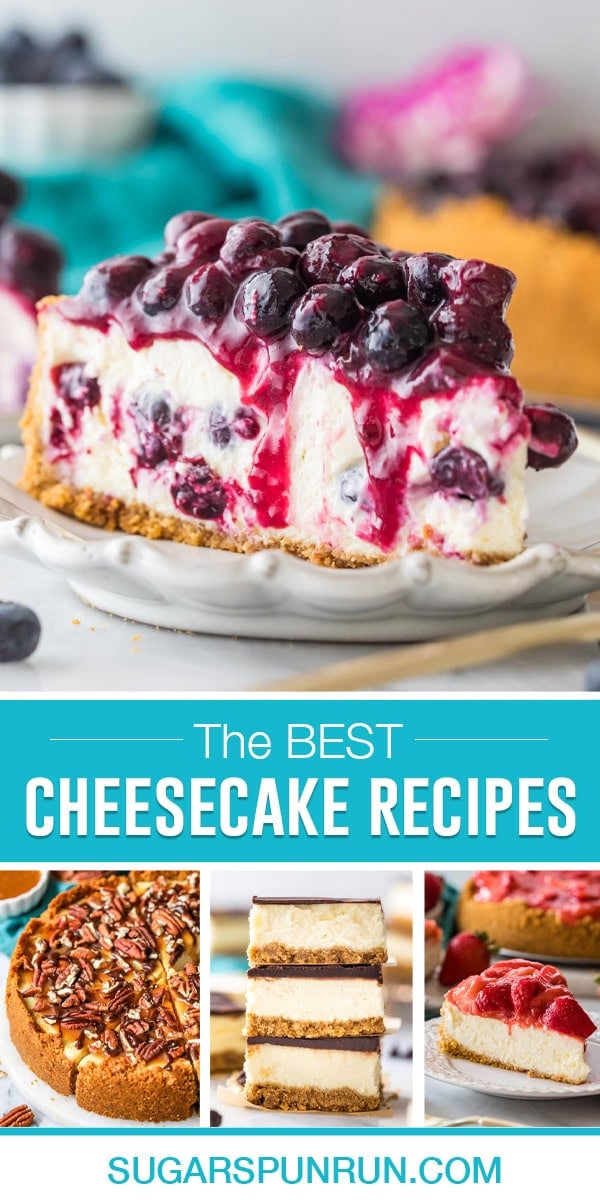 collage of the best cheesecake recipes, turtle, blueberry, cheesecake bars and strawberry