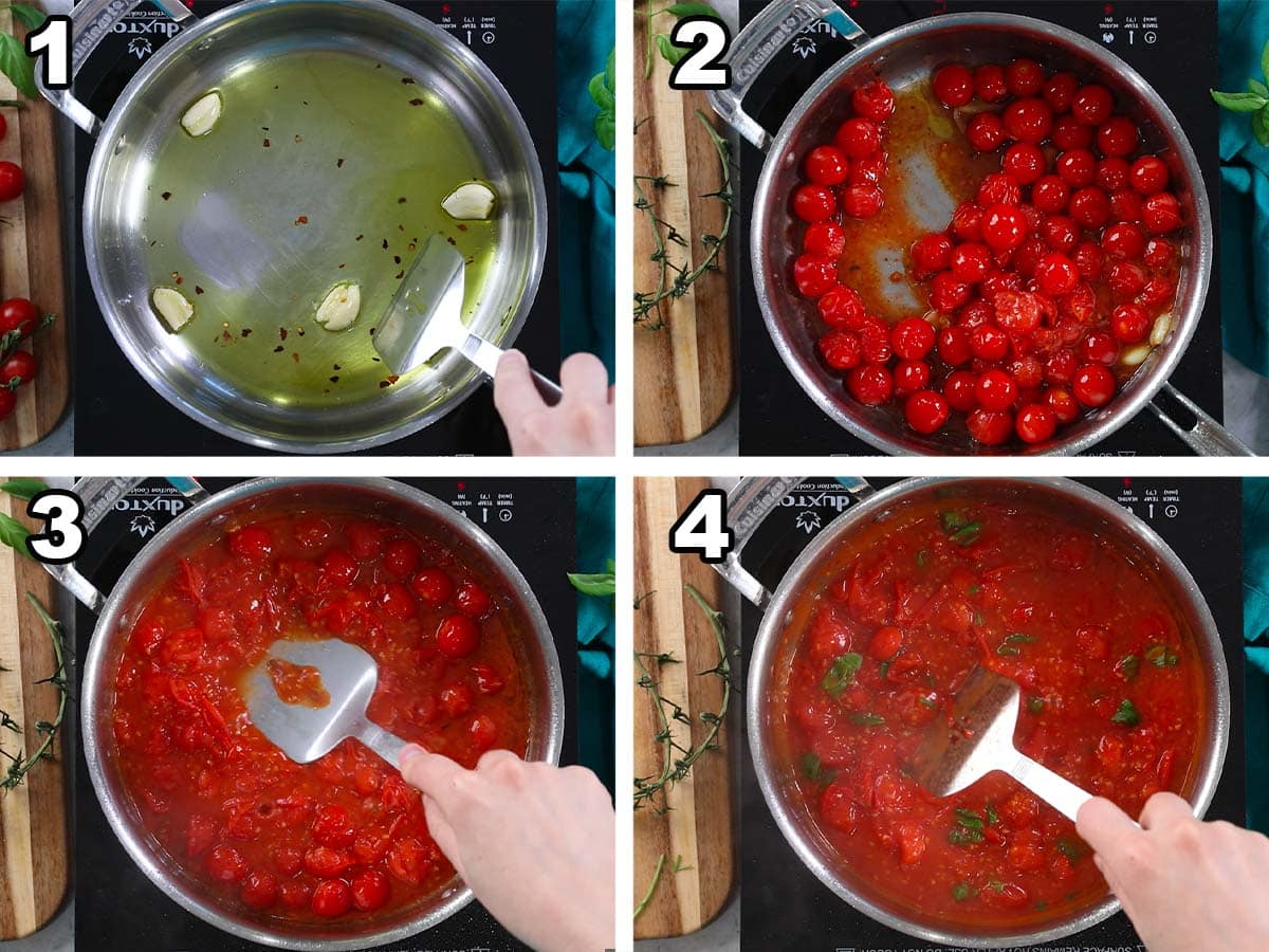 Collage of the steps for making cherry tomato sauce