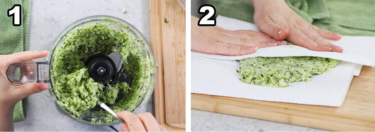 Two photos showing zucchini being shredded and blotted.