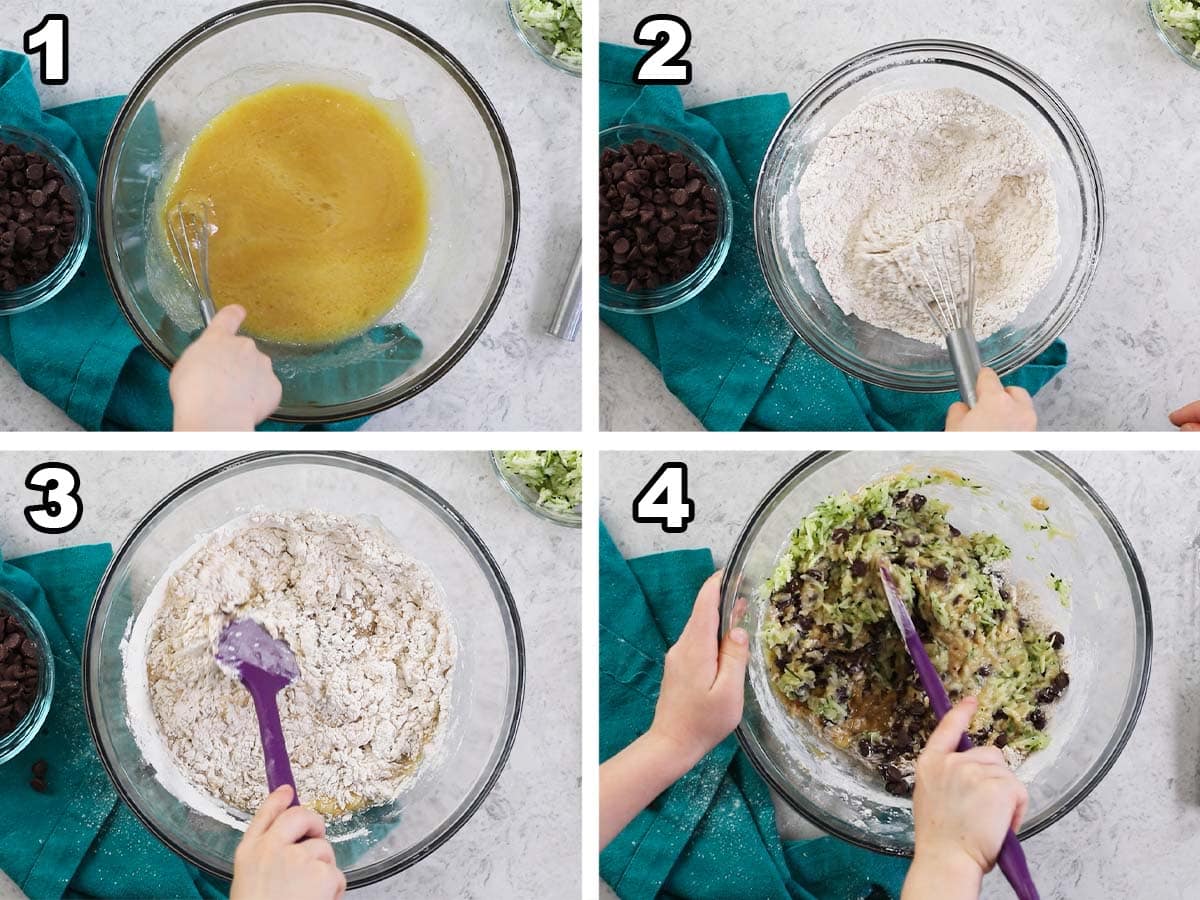 Four photos showing muffin batter being prepared and combined with shredded zucchini.