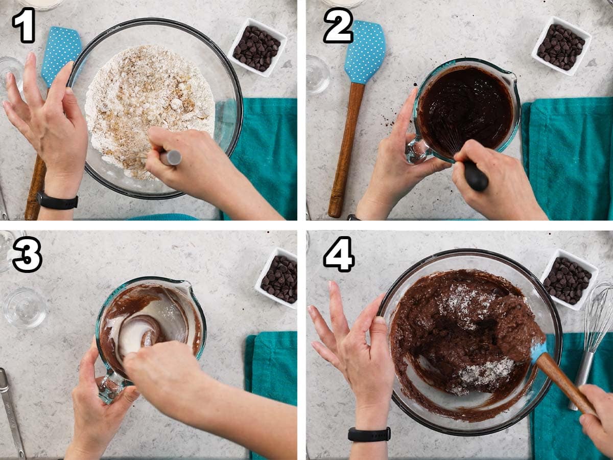 Four photos showing sourdough chocolate muffin batter being prepared.