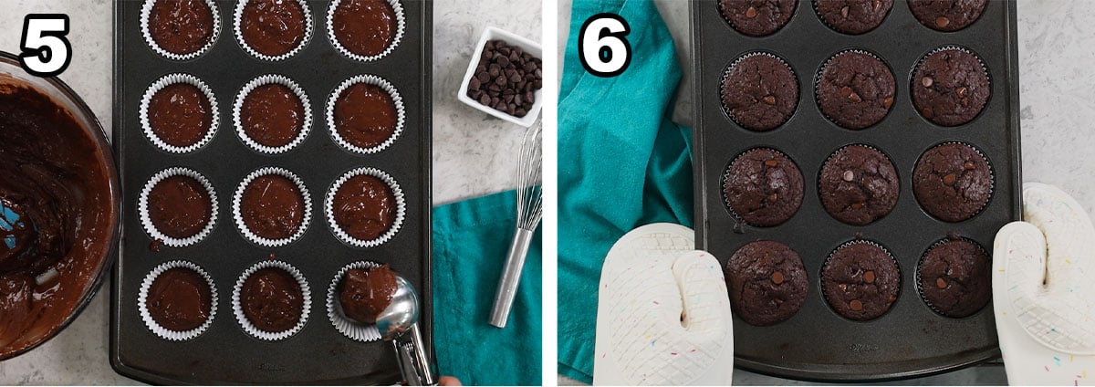 Two photos showing chocolate muffin batter being portioned into liners and baked.