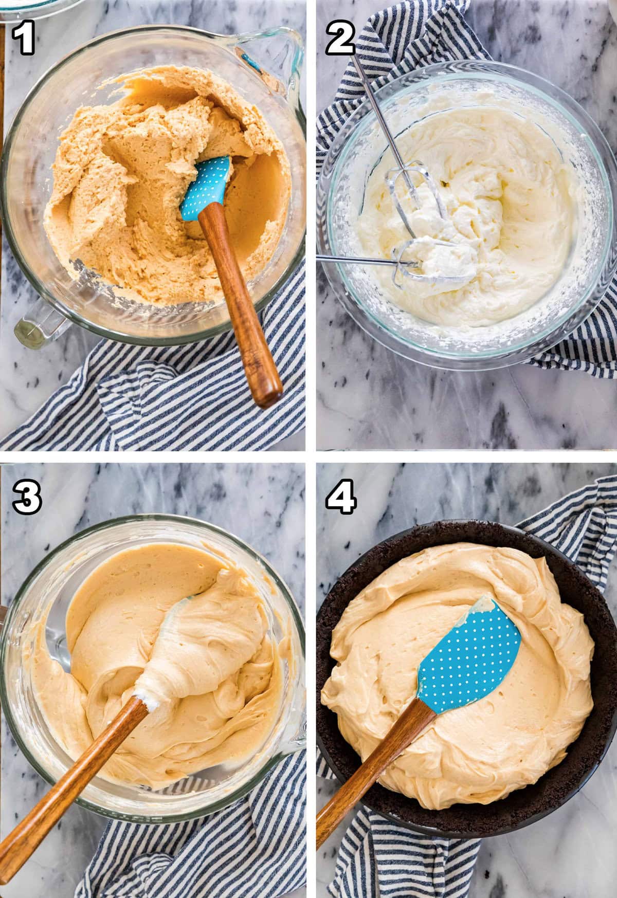 Four photos showing peanut butter pie being prepared.