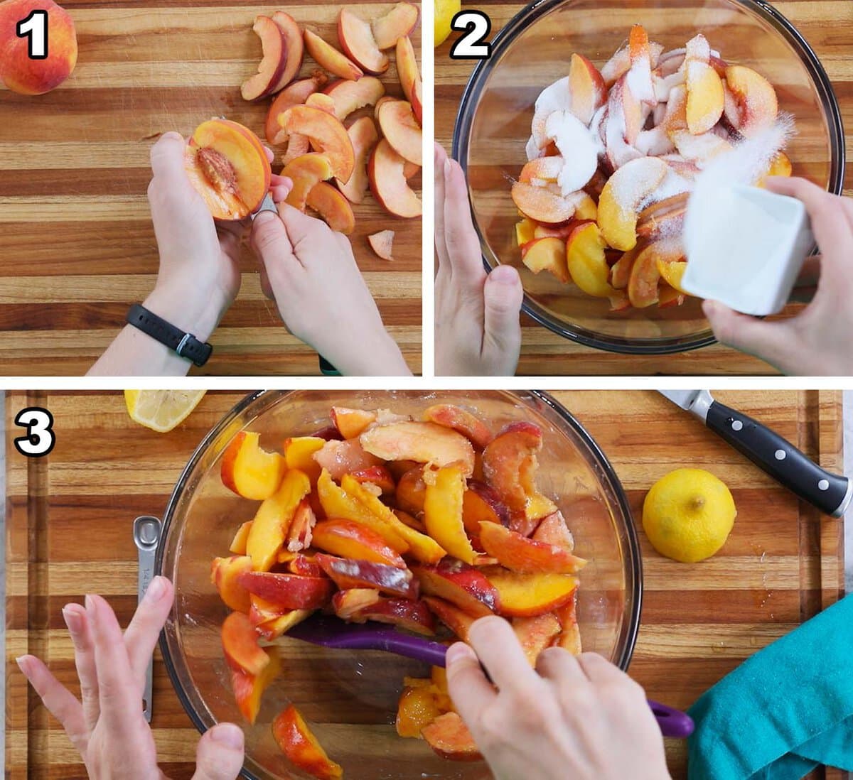 Three photos showing sliced peaches being tossed with sugar, lemon juice, and spices.