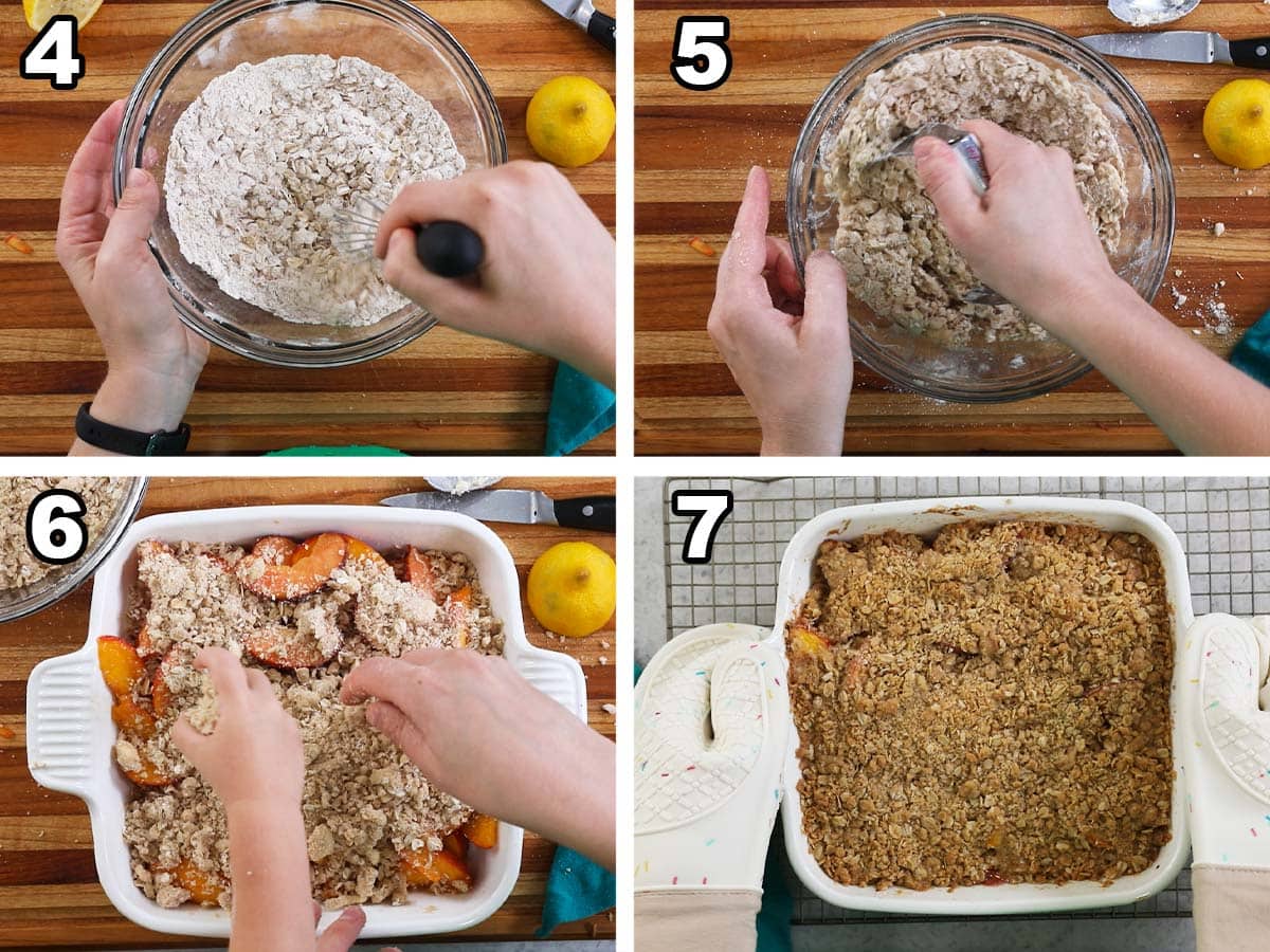 Four photos showing a crisp topping being prepared and sprinkled over sliced peaches before baking.