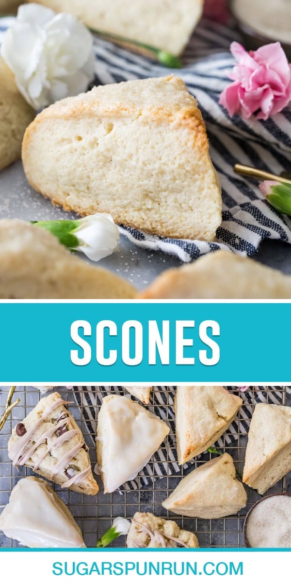 collage fo scones, top image of single scone close up, bottom image of multiple scones of wire cooling rack