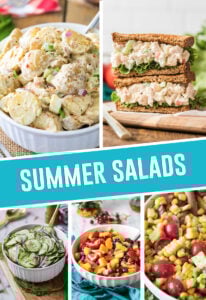 collage of summer salads, chicken salad, cuccumber, fruit, and pasta salad