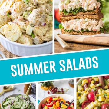 collage of summer salads, chicken salad, cuccumber, fruit, and pasta salad