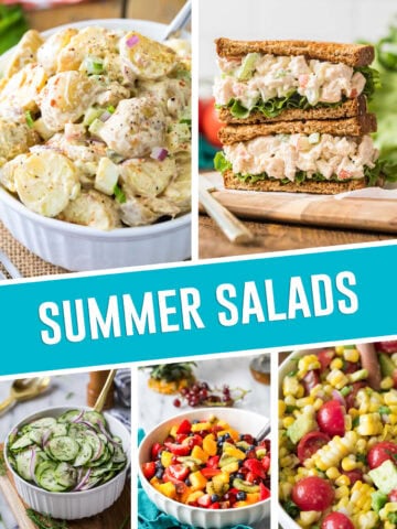 collage of summer salads, chicken salad, cuccumber, fruit, and pasta salad