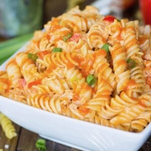 Buffalo chicken pasta salad in a large serving bowl.