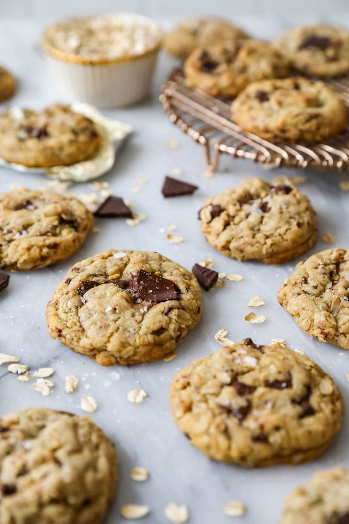 Close-up view of cookies made with brown butter, oats, and chocolate chunks.