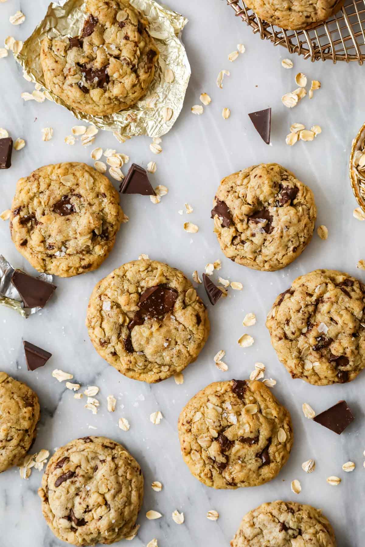 Overhead view of brown butter oatmeal chocolate chip cookies.