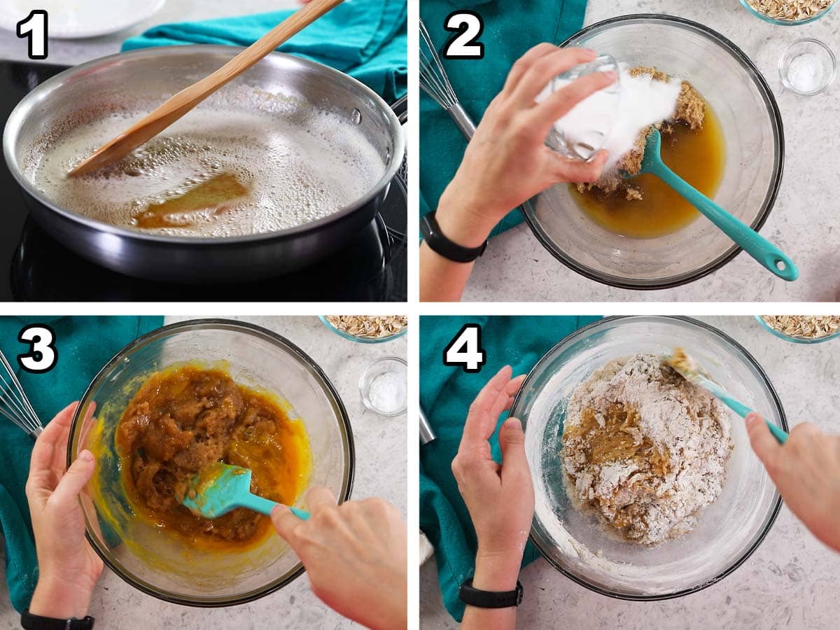 Collage of four photos showing butter being browned and added to a cookie dough.