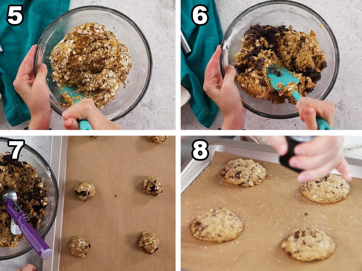 Four photos showing brown butter oat cookie dough being scooped and baked.