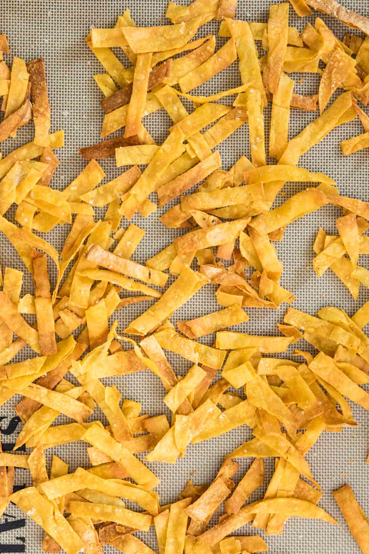 Tortilla strips on a baking sheet after baking.