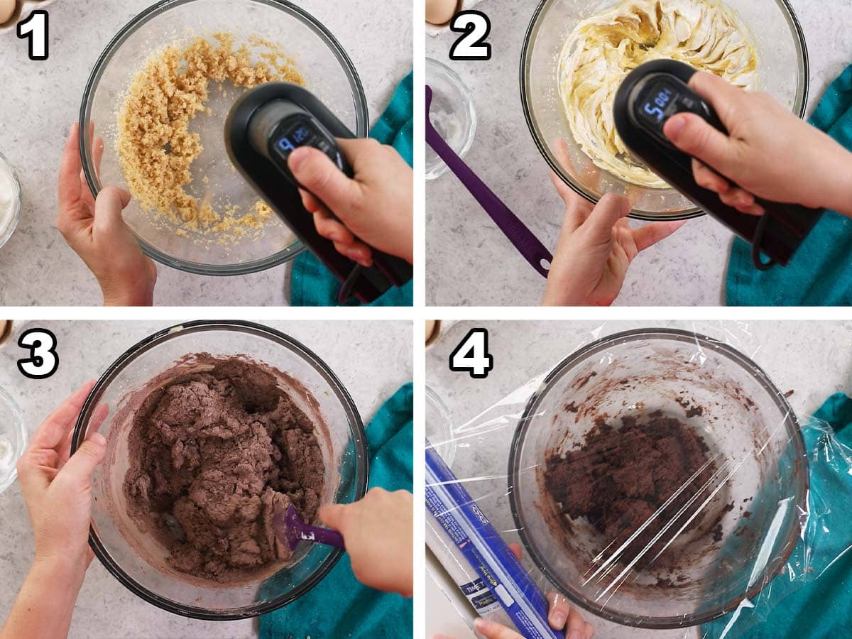 Collage of four photos showing a chocolate dough being prepared.