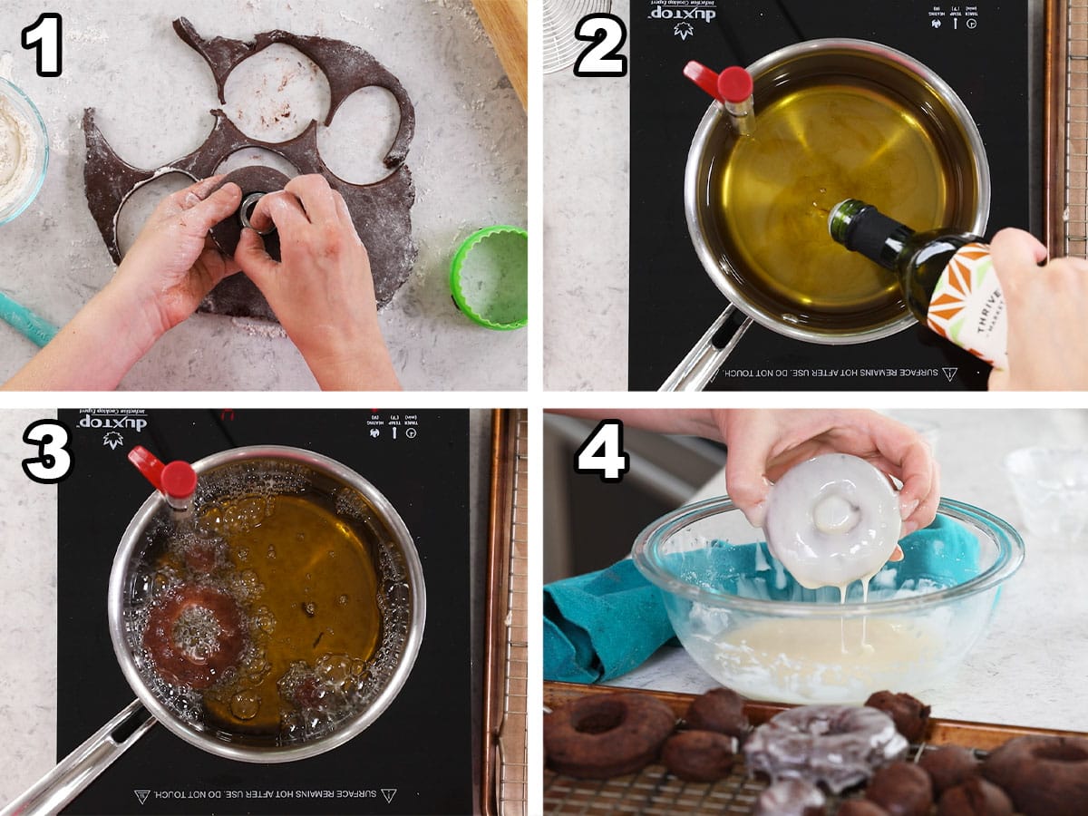 Four photos showing chocolate cake donuts being fried in oil and dunked in vanilla glaze.