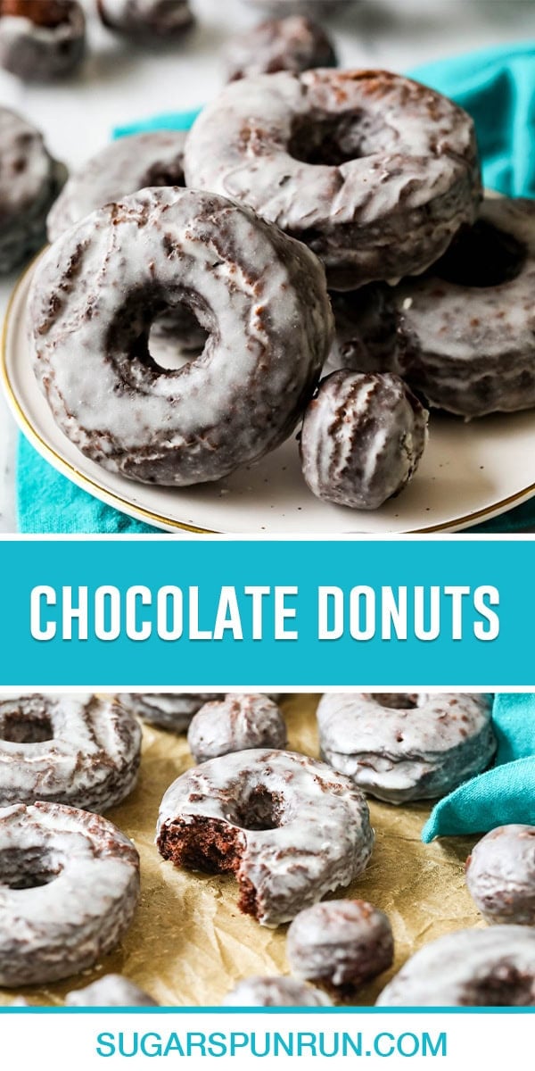 collage of chocolate donuts, top image is a close up of donuts, bottom image of multiple donuts, bite taken out of one