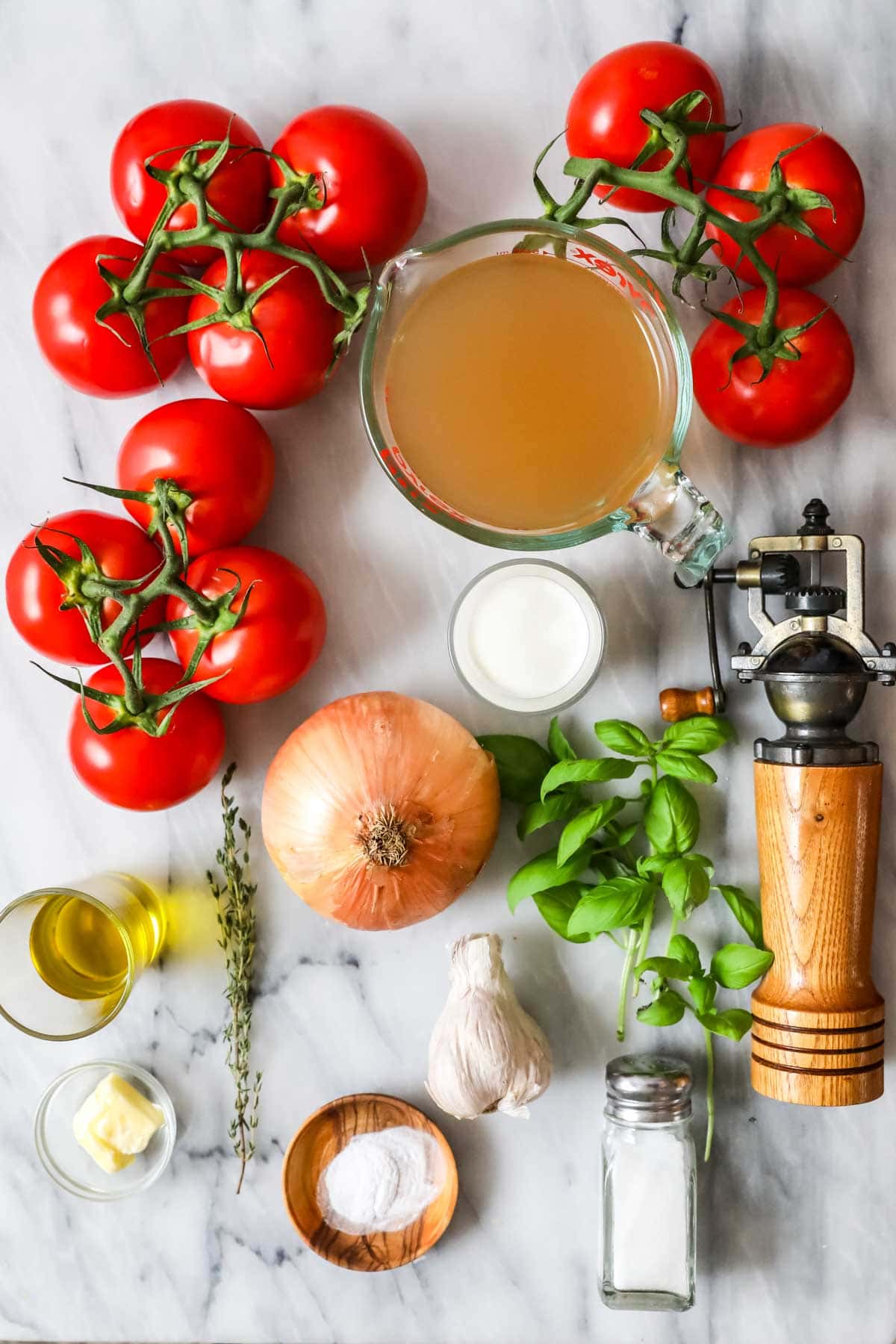 Overhead view of ingredients including tomatoes, basil, chicken stock, and more.