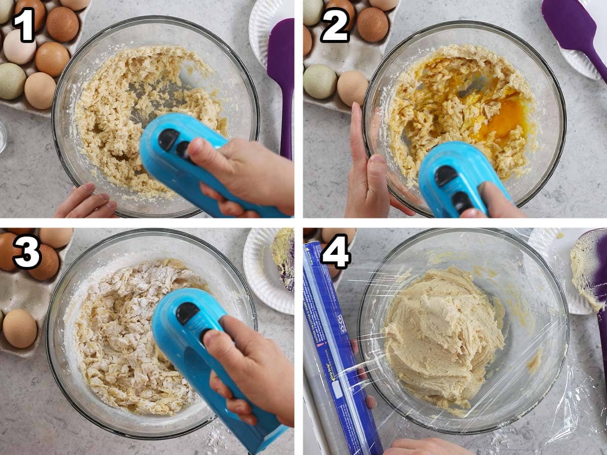 Four photos showing cookie dough being prepared for pop tart cookies.