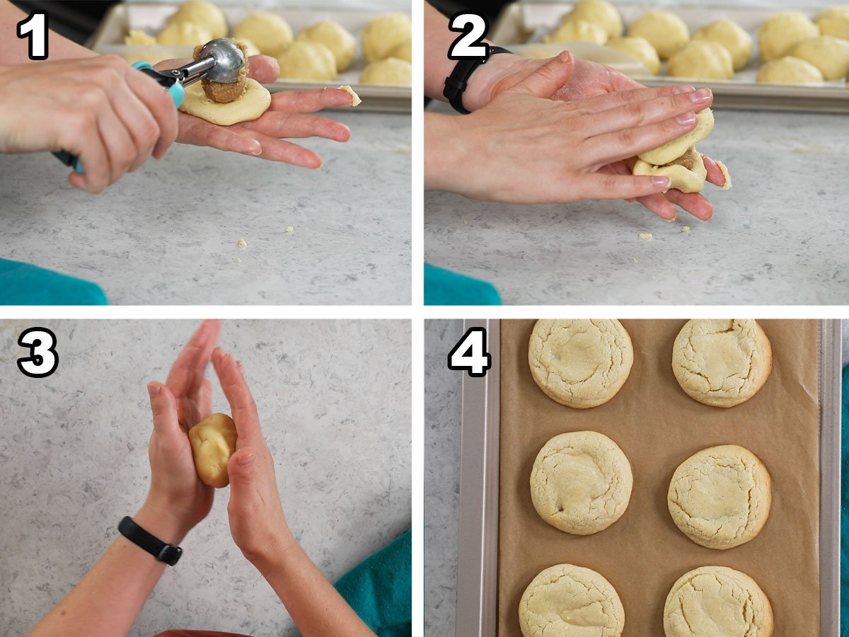 Four photos showing a brown sugar cinnamon filling being added to cookie dough balls before baking.