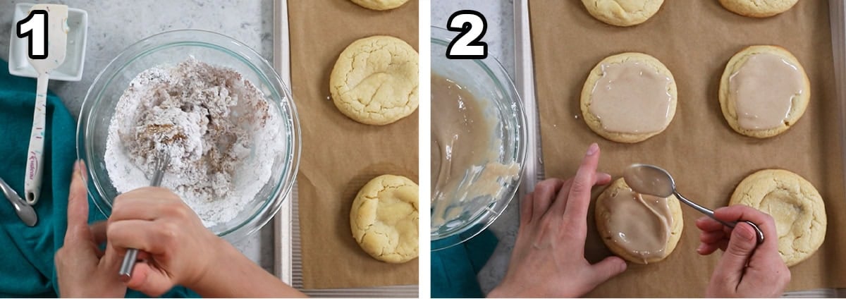 Two photos showing a brown sugar cinnamon glaze being added to pop tart cookies.